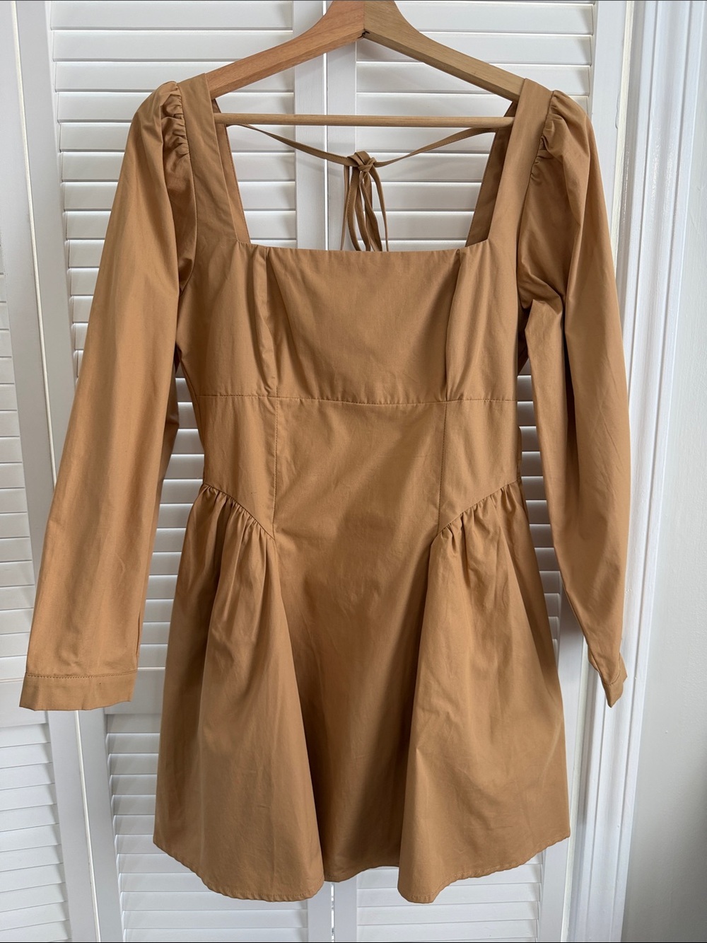 Anthropologie Camel Long-Sleeve Square Neck Mini Dress